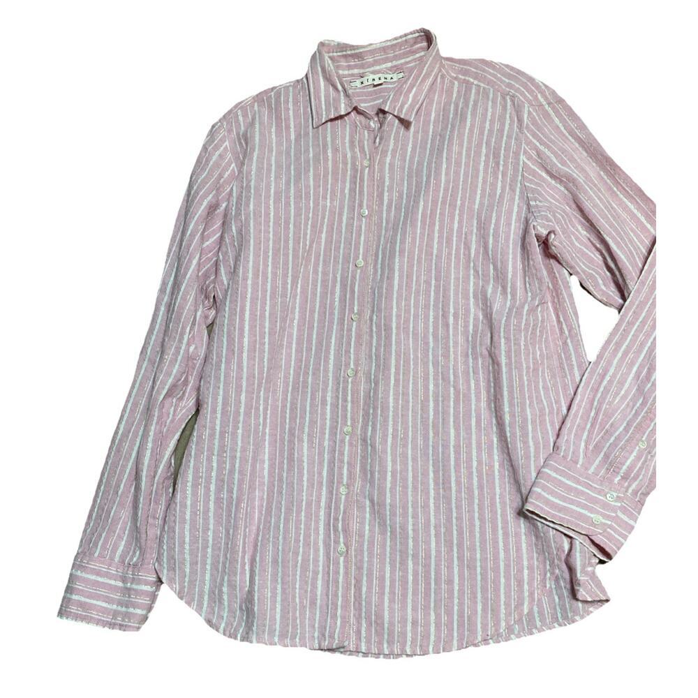 Xirena Button Up Shirt Women’s Sz S Pink Linen Blend Striped Gold Long Sleeve